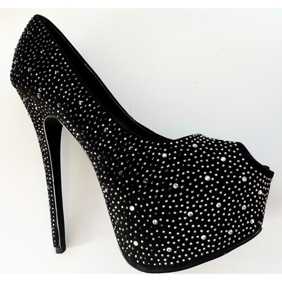 Shoe Dazzle Heels Black Studded Platform Peeptoe Rhinestone Sz 8 Stripper Sexy - Picture 1 of 9